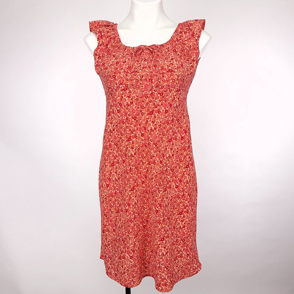 Lisa Jo Floral Sundress‎ Women Small Orange Pink Red Ruffle Tie Empire Waist